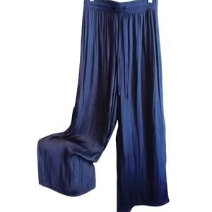 Rachel Zoe Wide Leg Navy Silky Satin Lounge Pull-On Flowy Pants - S